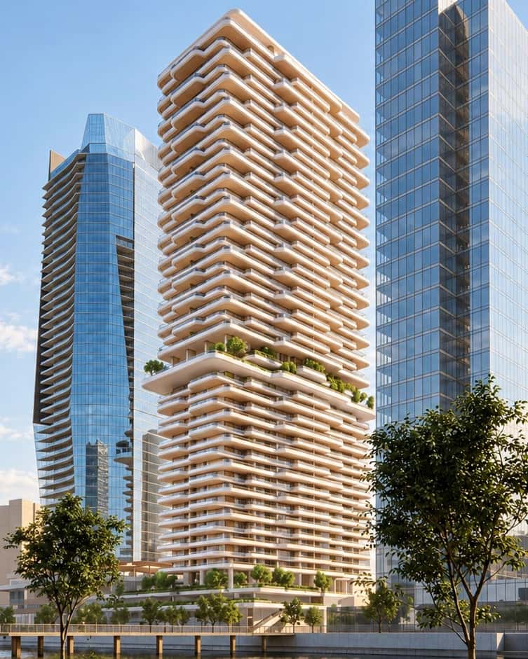 AI-enhanced presentation based on the supplied Address Residences facade, with stepped balconies and planted terraces
