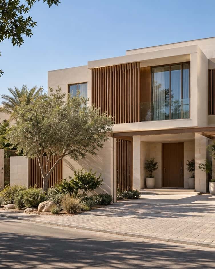 A quiet street of detached contemporary villas with shaded entrances and mature planting