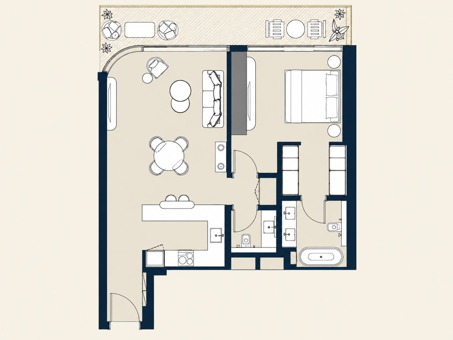 1-bedroom Address Residences floor plan redrawn from the supplied plan in navy and ivory