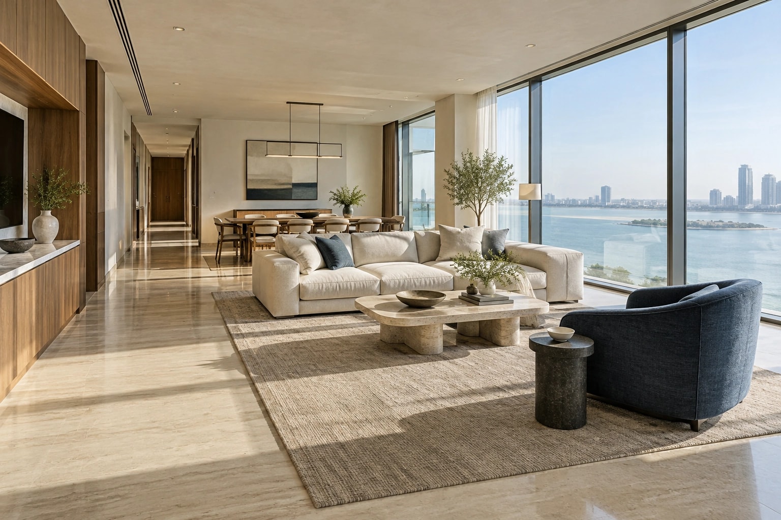 A complete waterfront apartment living and dining room with full-height glazing and an open kitchen