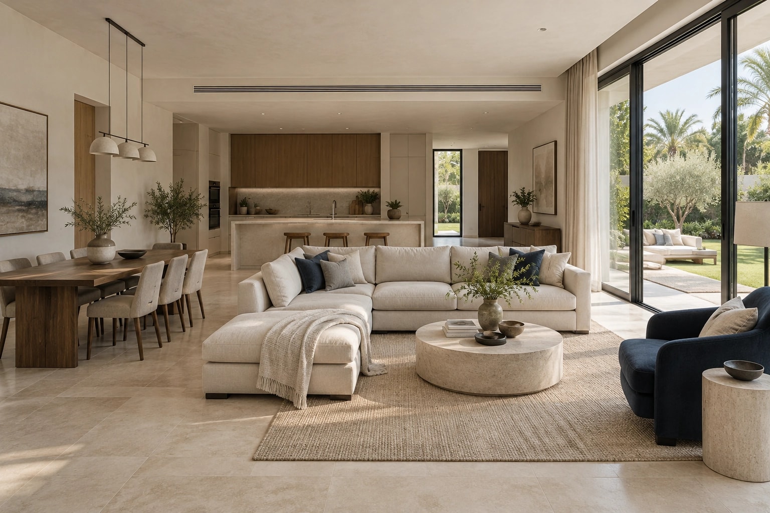 A complete family villa living and dining room with an open kitchen and garden glazing